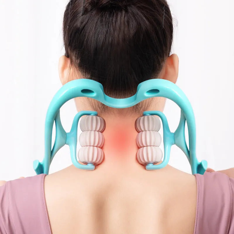 Blue plastic handheld massager with six rotating wheels for neck and shoulder tension.