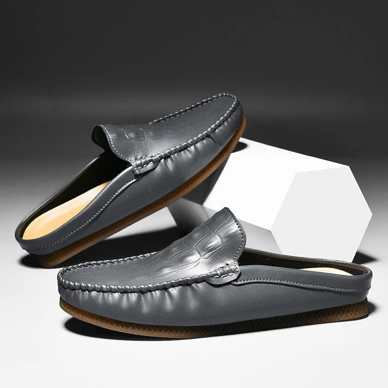 Men's black breathable semi-slippers with a textured rubber sole, shown from a side angle.