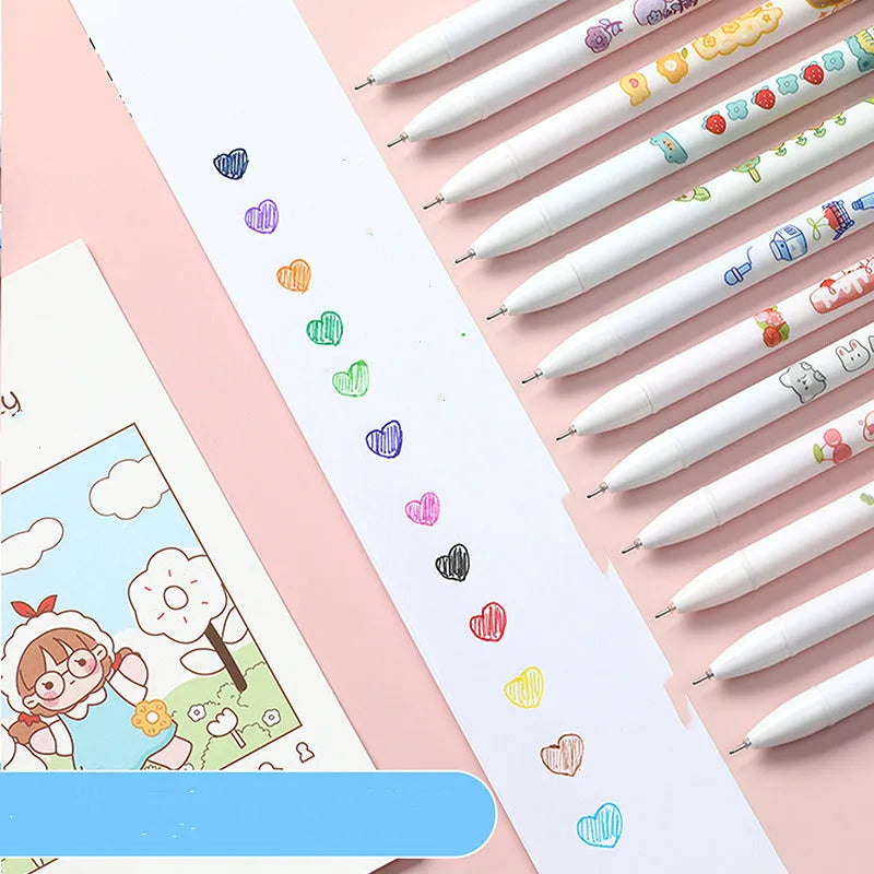 Twelve-color cartoon gel pen set with 0.5mm fine plastic tip in assorted colours.