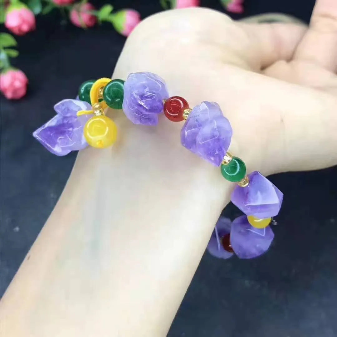 Women's amethyst bead bracelet with fu character charm and natural shaped beads