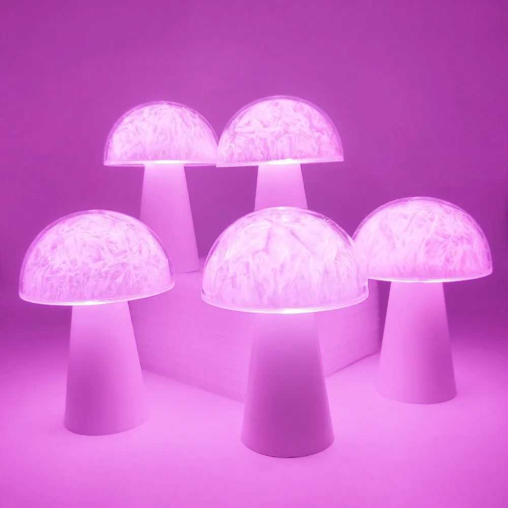 Mushroom-shaped night light with remote control showing RGB colour-changing illumination