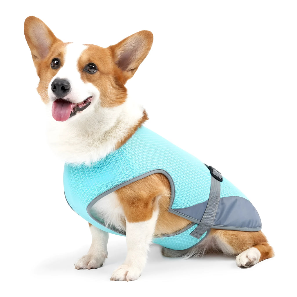 Polyester dog cooling vest in light grey, lake blue, pink or blue for heatstroke prevention
