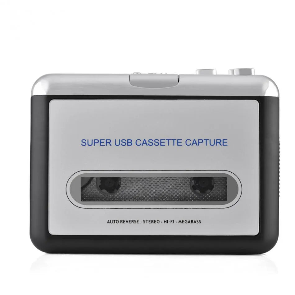 Silver USB cassette converter for converting tapes to MP3 files with USB cable and earphones