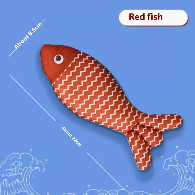 Plush fish cat toy filled with catnip, shown in blue, red, and yellow colours, with large and medium size examples