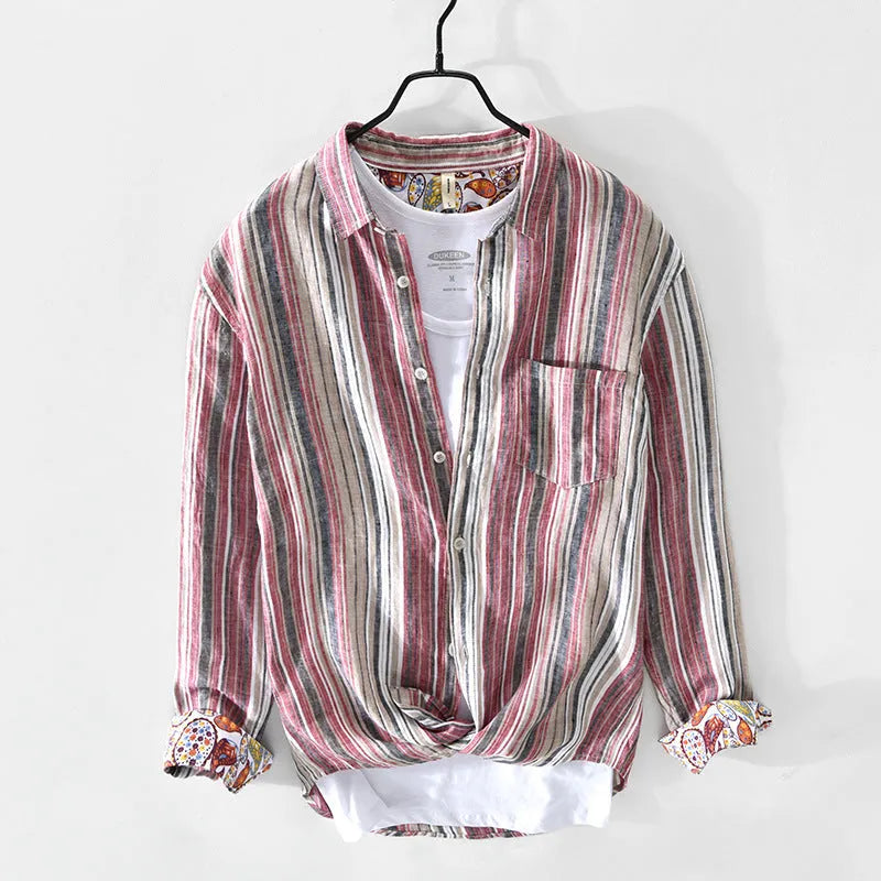 Men's striped linen shirt in red or grey with long sleeves and loose fit casual design