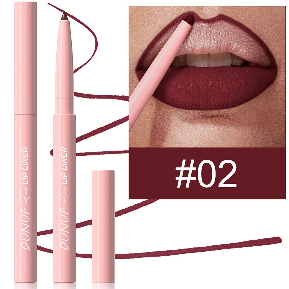 Twelve velvet matte lip liner pencils in a row showing different shades from a 12-colour collection.