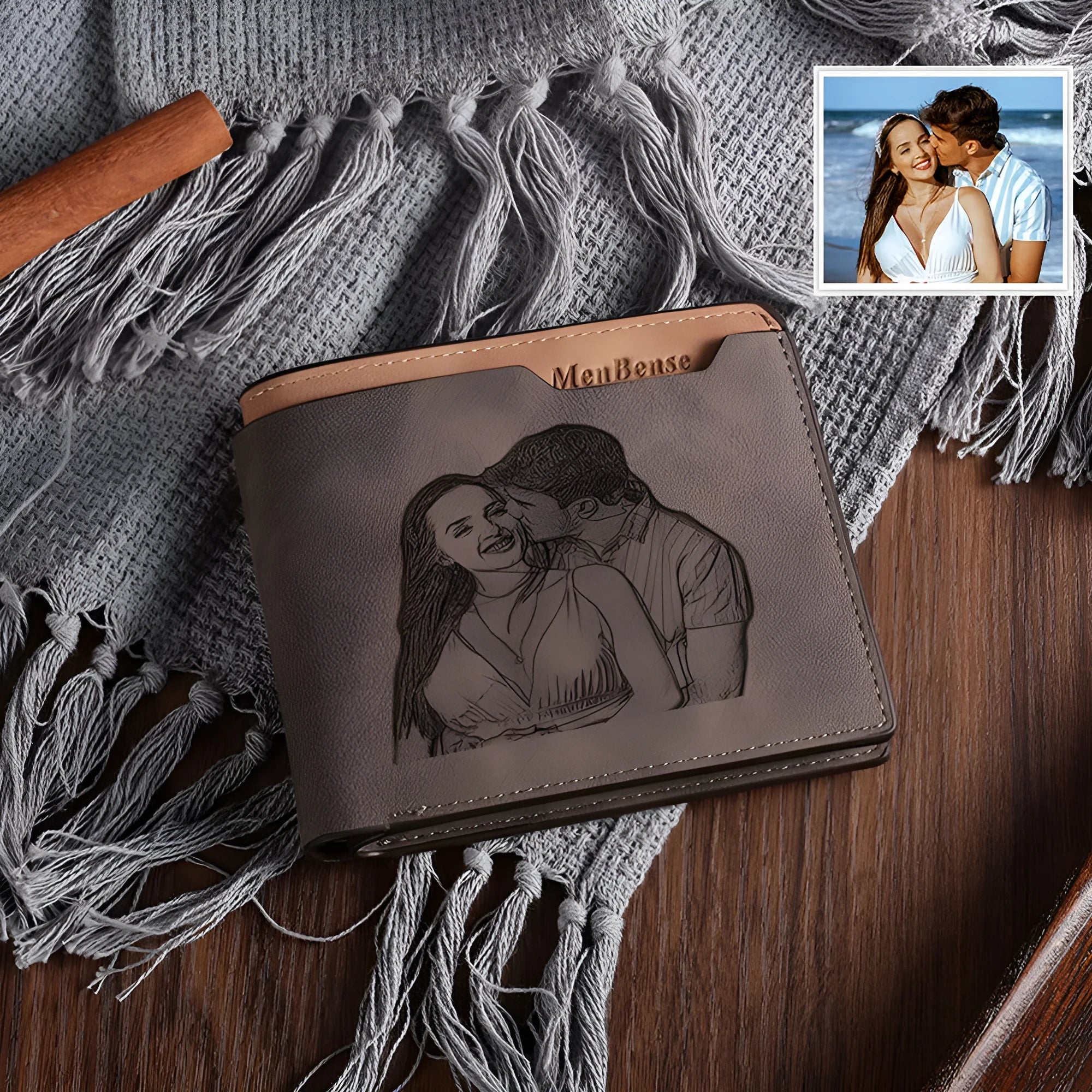 Coffee coloured engraved horizontal short wallet made from PU leather, showing personalised text or photo customisation.