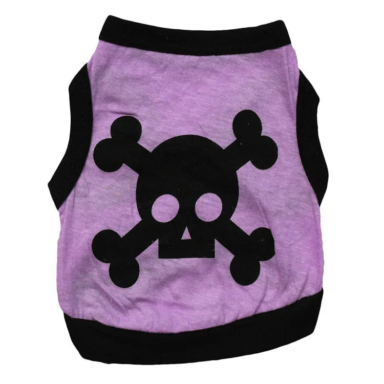 Pack of five Halloween dog vests in blue, orange, and purple with skull and bones pattern on white background