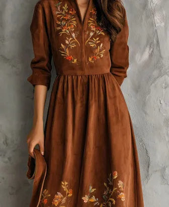 Brown floral embroidered suede-effect polyester midi dress in vintage leisure style