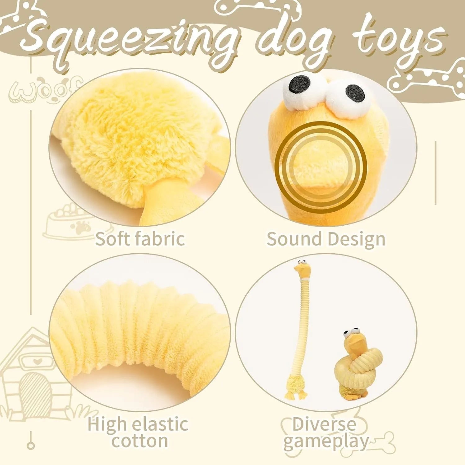 Foldable brown plush dog toy with squeaker and crinkle material for chew play.