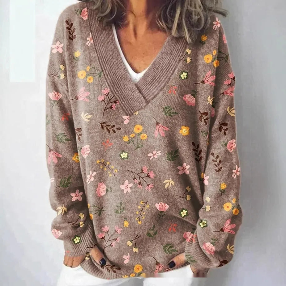 Women's art retro V-neck sweatshirt with a detailed 3D floral pattern print on long sleeves.