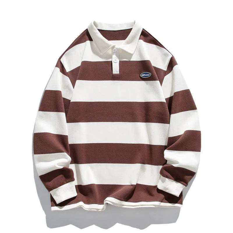 A loose-fit, long-sleeve striped polo shirt with a lapel collar, shown in three colour options.