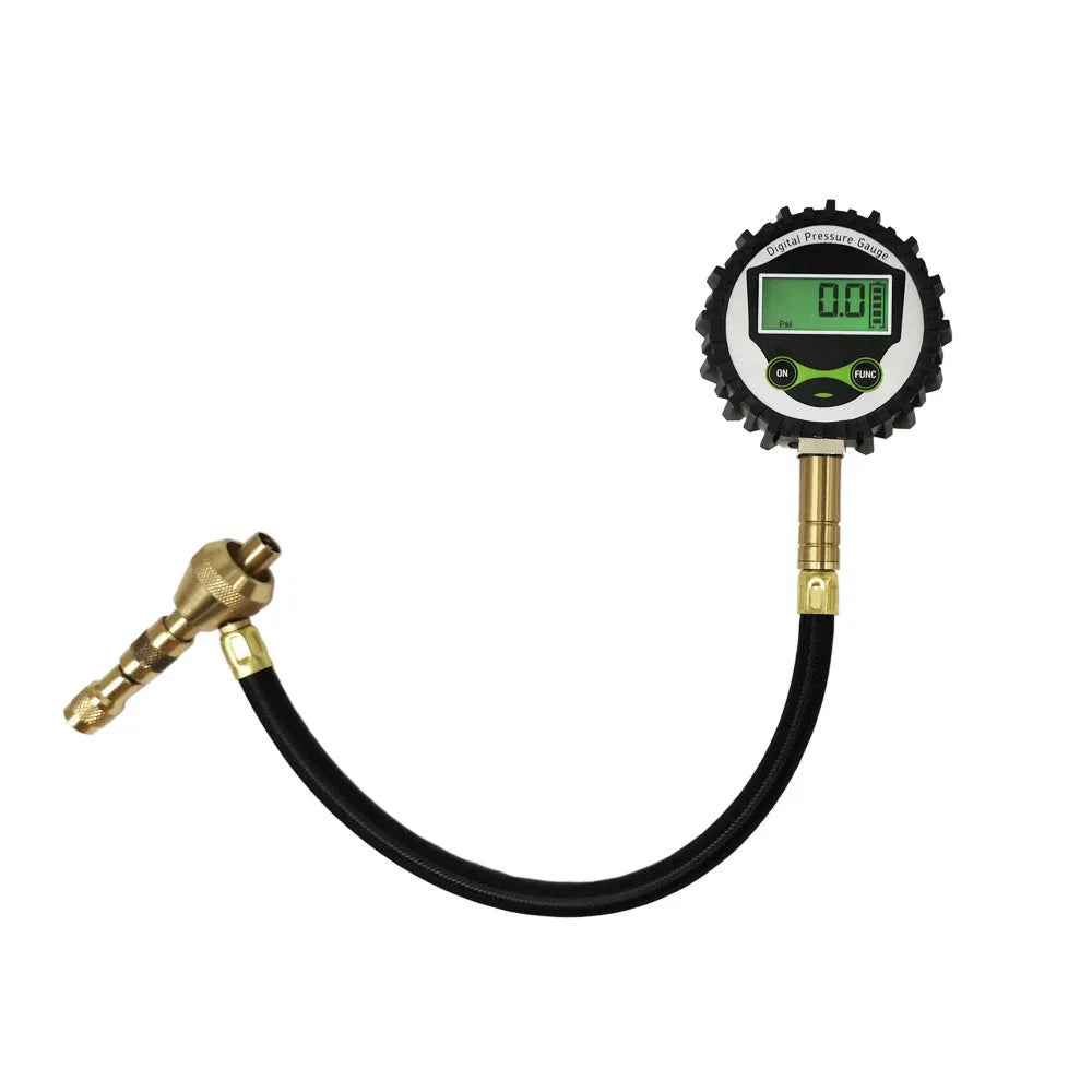 Mechanical tyre pressure gauge for SUV and off-road vehicles with metal body and rubber shell.