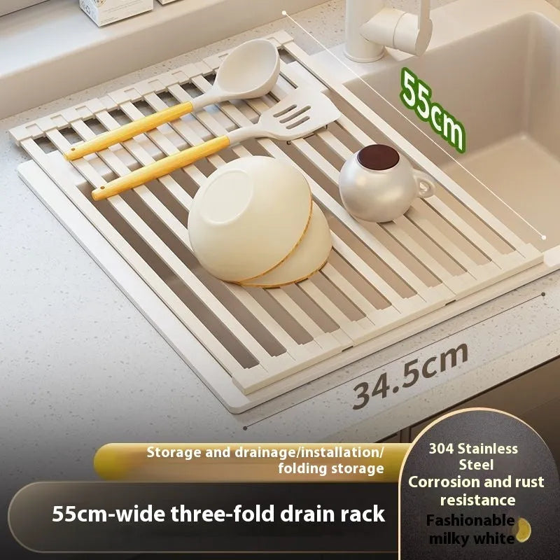 Milky white foldable stainless steel kitchen draining rack shown over a sink.