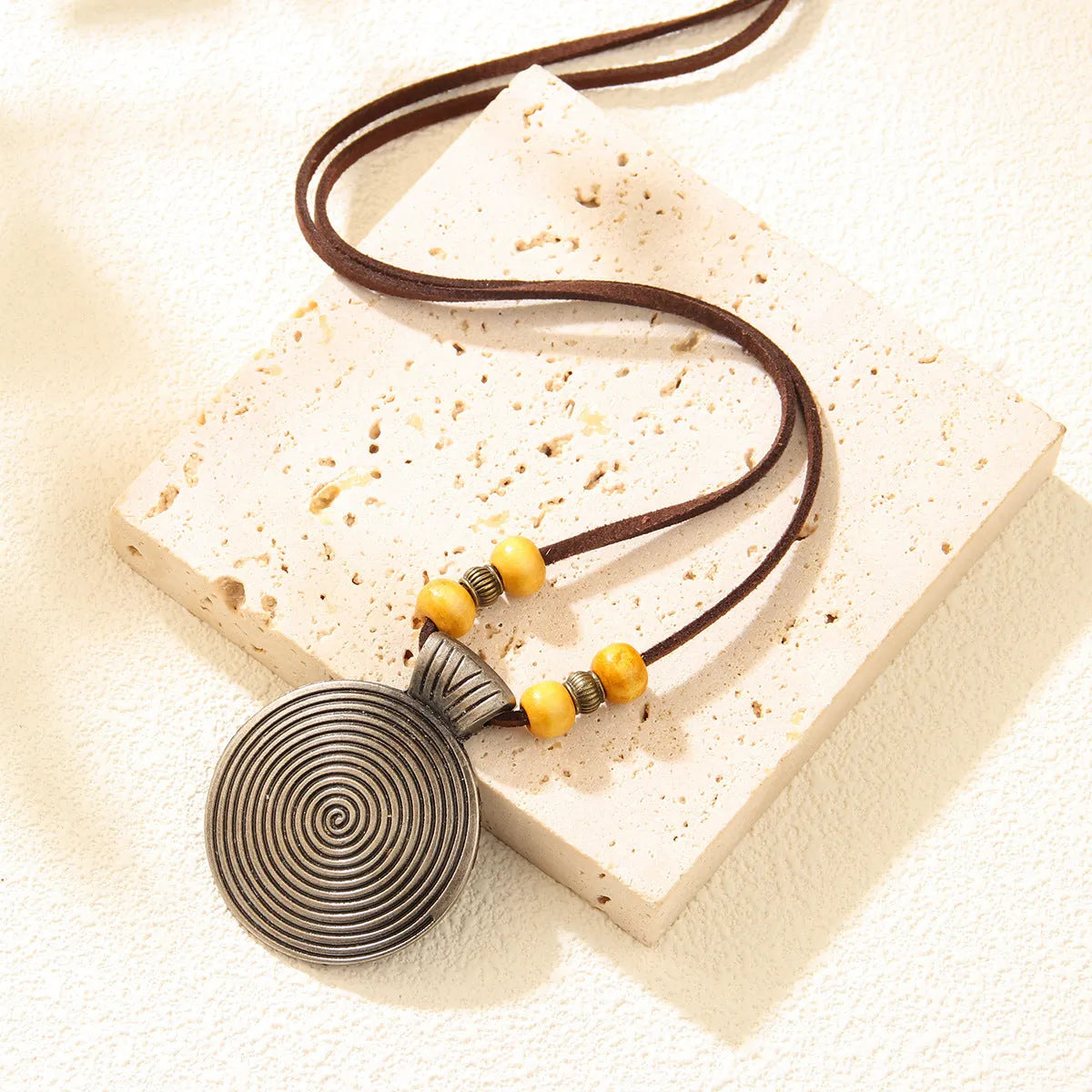 Alloy cowhide string ethnic pendant necklace with geometric auspicious pattern, 20CM drop, unisex Chinese style, bronze coffee beads