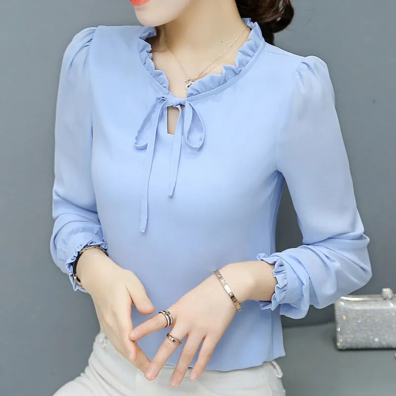Loose plus size bow chiffon shirt in rose red – women's polyester long sleeve pullover blouse