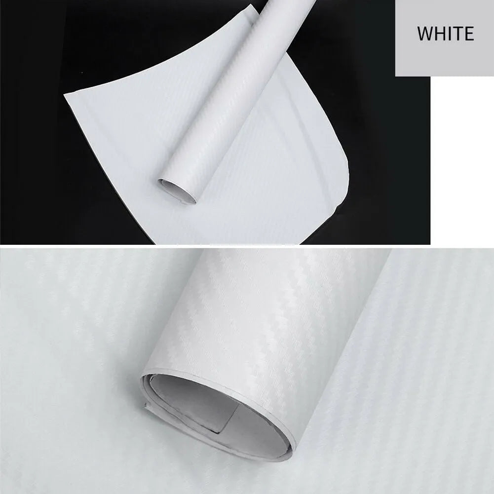 Roll of 3D carbon fibre car sticker in multiple colour options showing dimensions