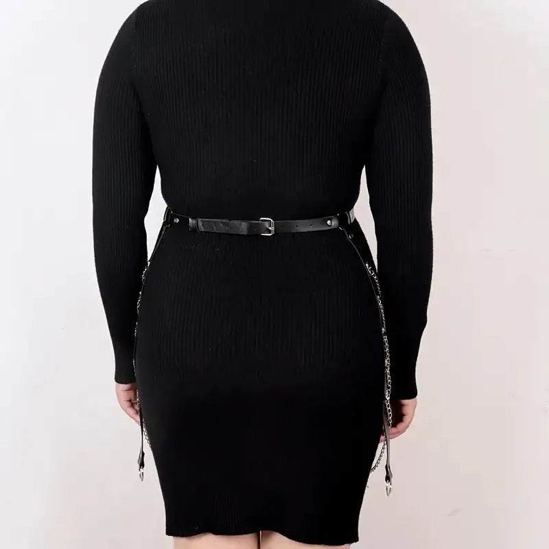 Black PU leather adjustable waist chain with bandage binding for women's festival and clubwear
