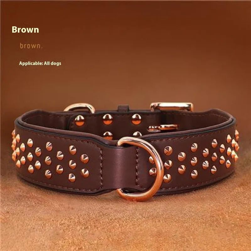 Black leather dog collar with metal anti-bite rivets, shown with chocolate and pink colour options.