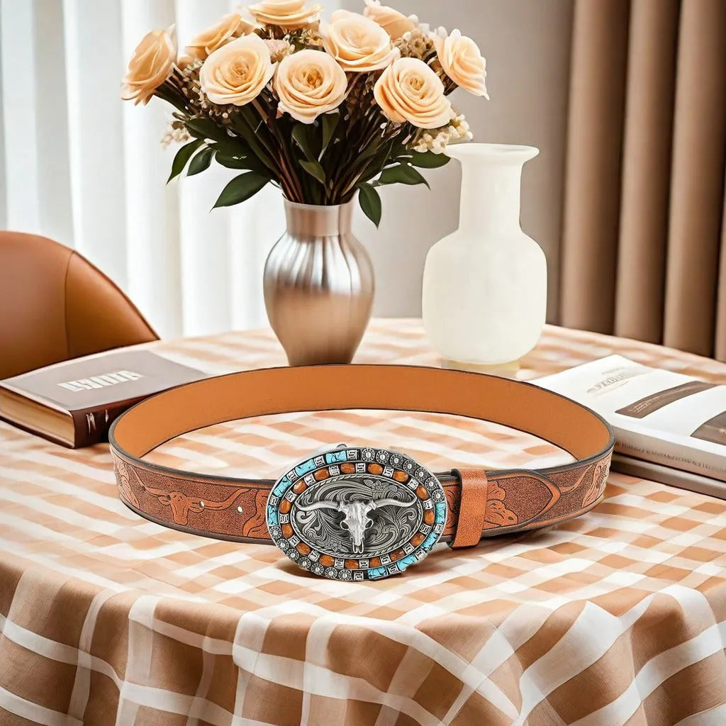 Men's imitation leather belt with electroplated cow head alloy buckle, 125 cm length