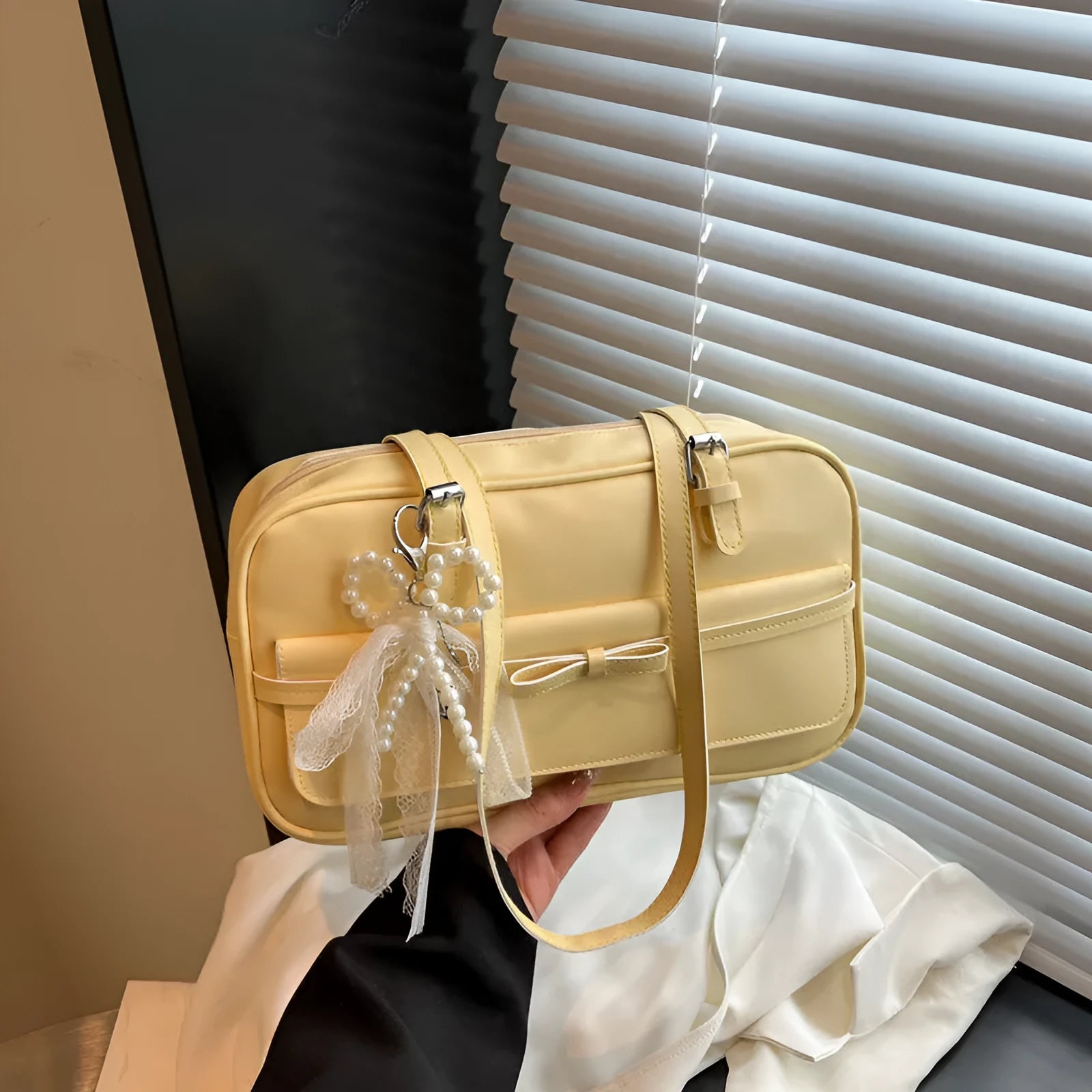 Single-shoulder flap bag with silk scarf pearl bow ornaments in horizontal square shape