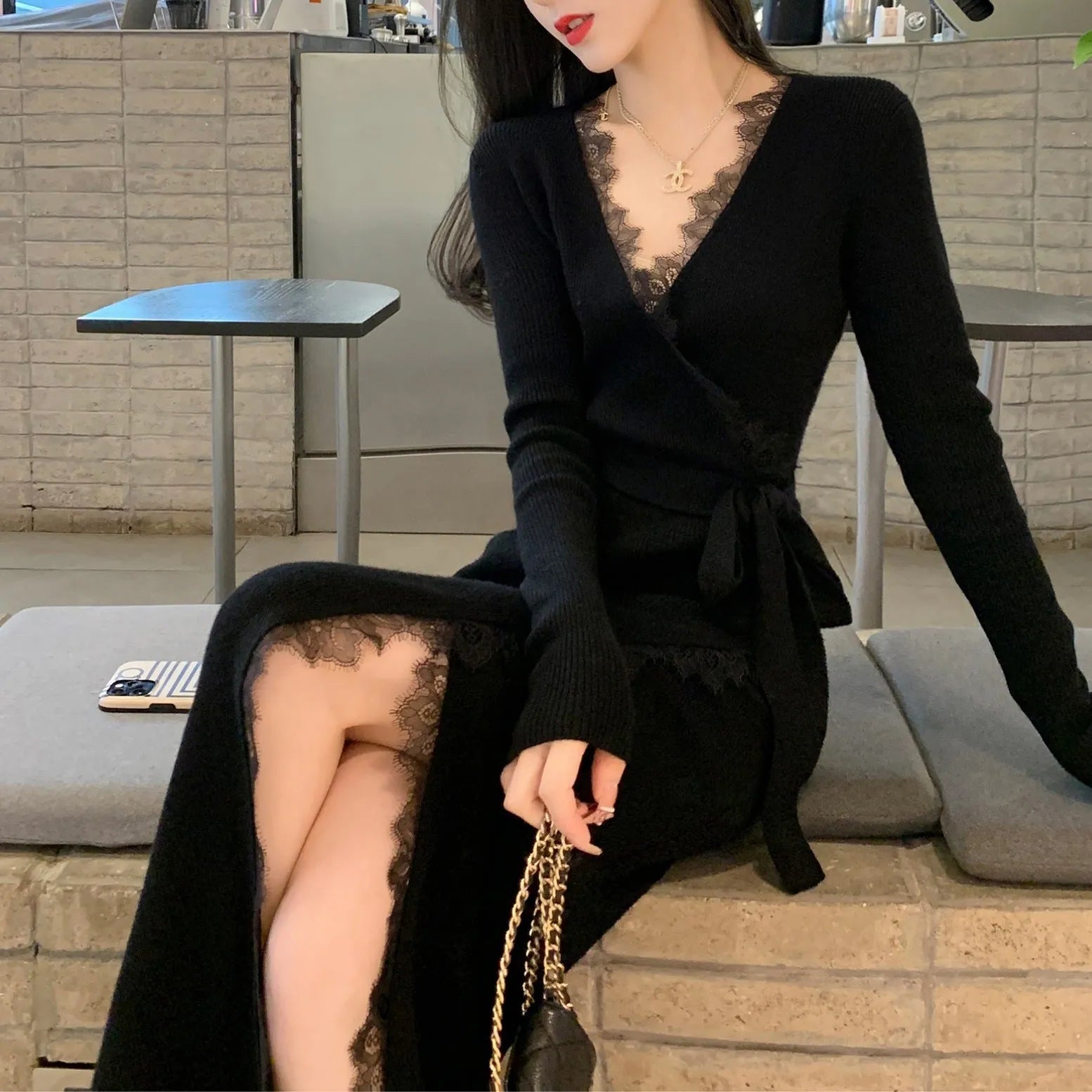 Women's black slim fit woolen skirt with princess dress silhouette and free size design