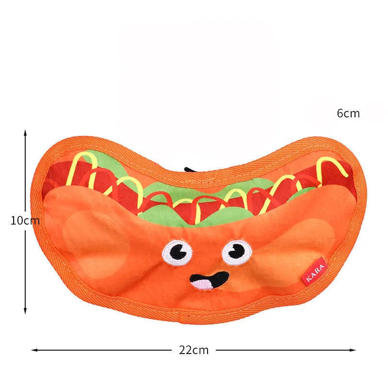 Colourful hamburger, fries, hot dog, and pizza shaped dog chew toys with crinkle and squeak features