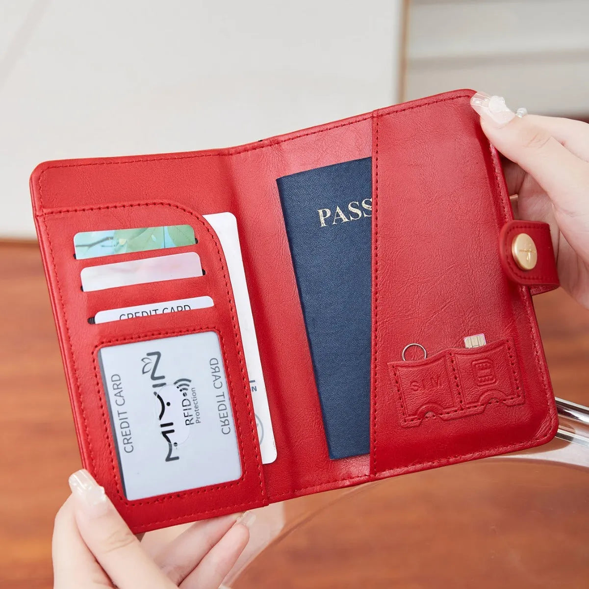 PU passport holder wallet with sewing line detail in multiple colour options showing document storage compartments