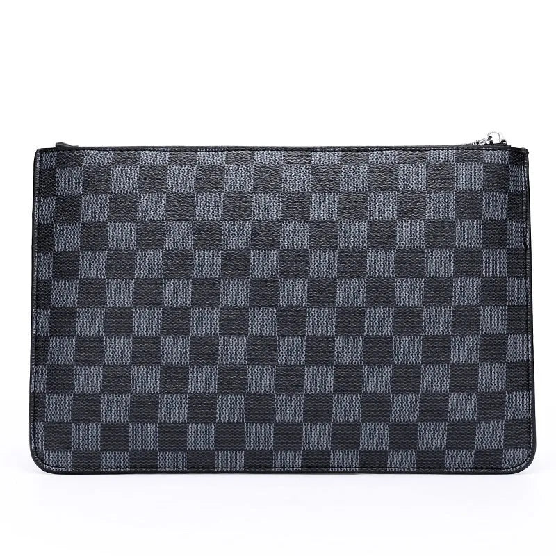 Men's soft PU leather clutch wallet open showing six card slots, bill slots, and a zipper pocket