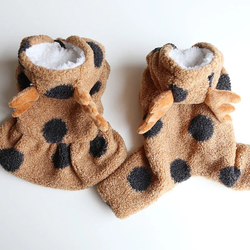 Polka dot patterned pet clothing for dogs and cats, shown in both four-legged jumpsuit and skirt styles.
