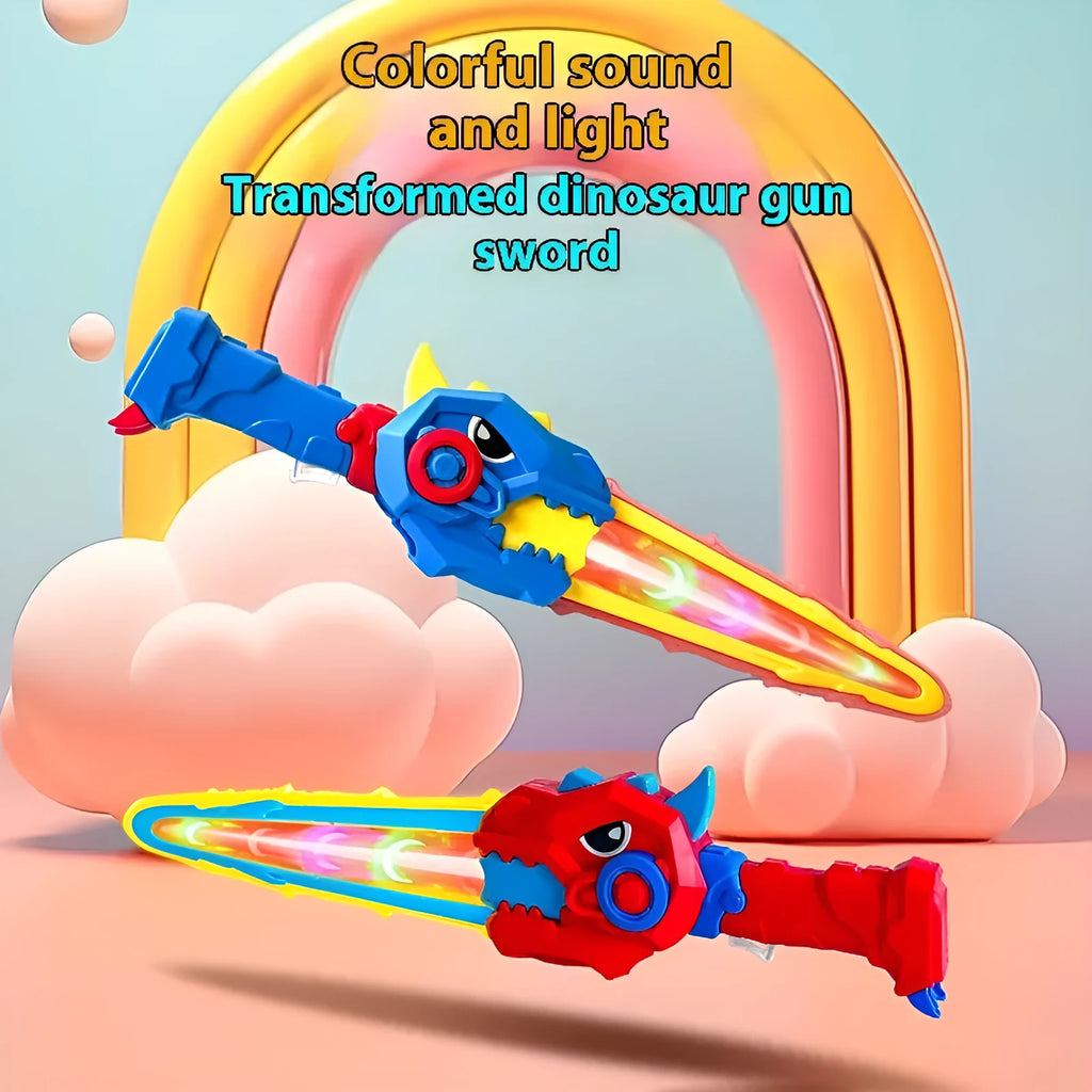 Transformers dinosaur toy with glowing sword in bright blue plastic, 15 cm size, on white background
