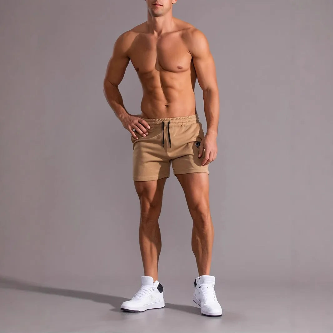 Men's khaki coconut printed sports shorts with straight cut and micro-elastic polyester fabric