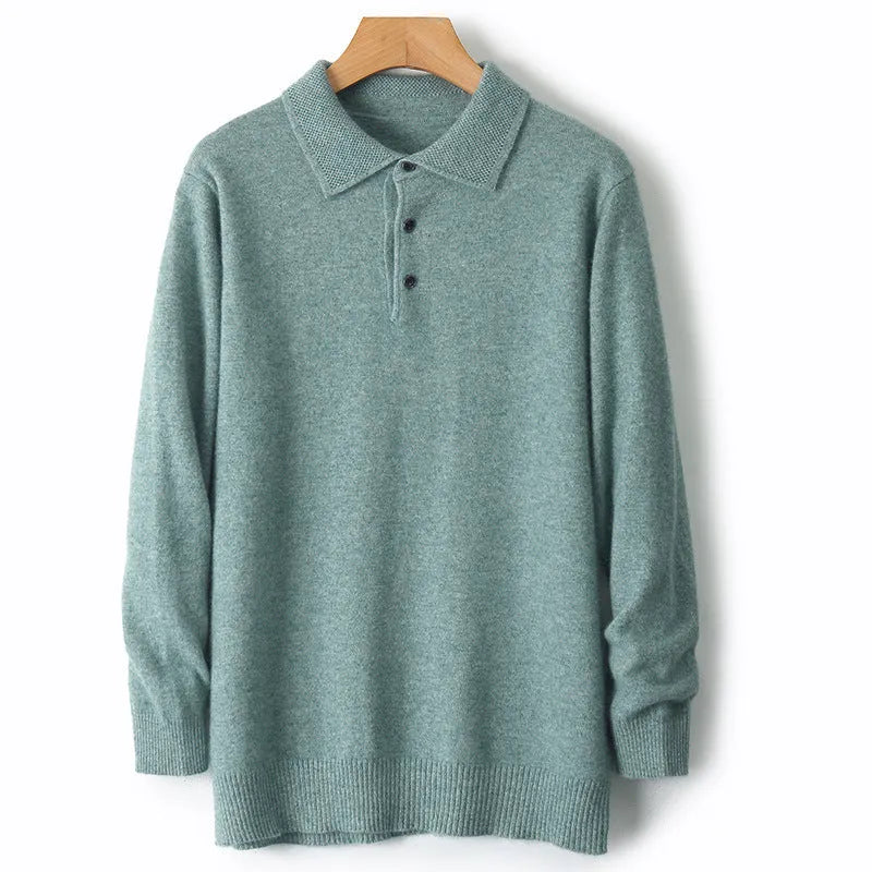 Men's grey wool sweater pullover with a polo collar and long sleeves laid flat.