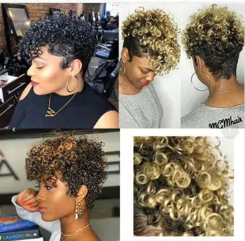 Women's short synthetic wig with simple rolls hairstyle in Kanekalon fibre showing colour options