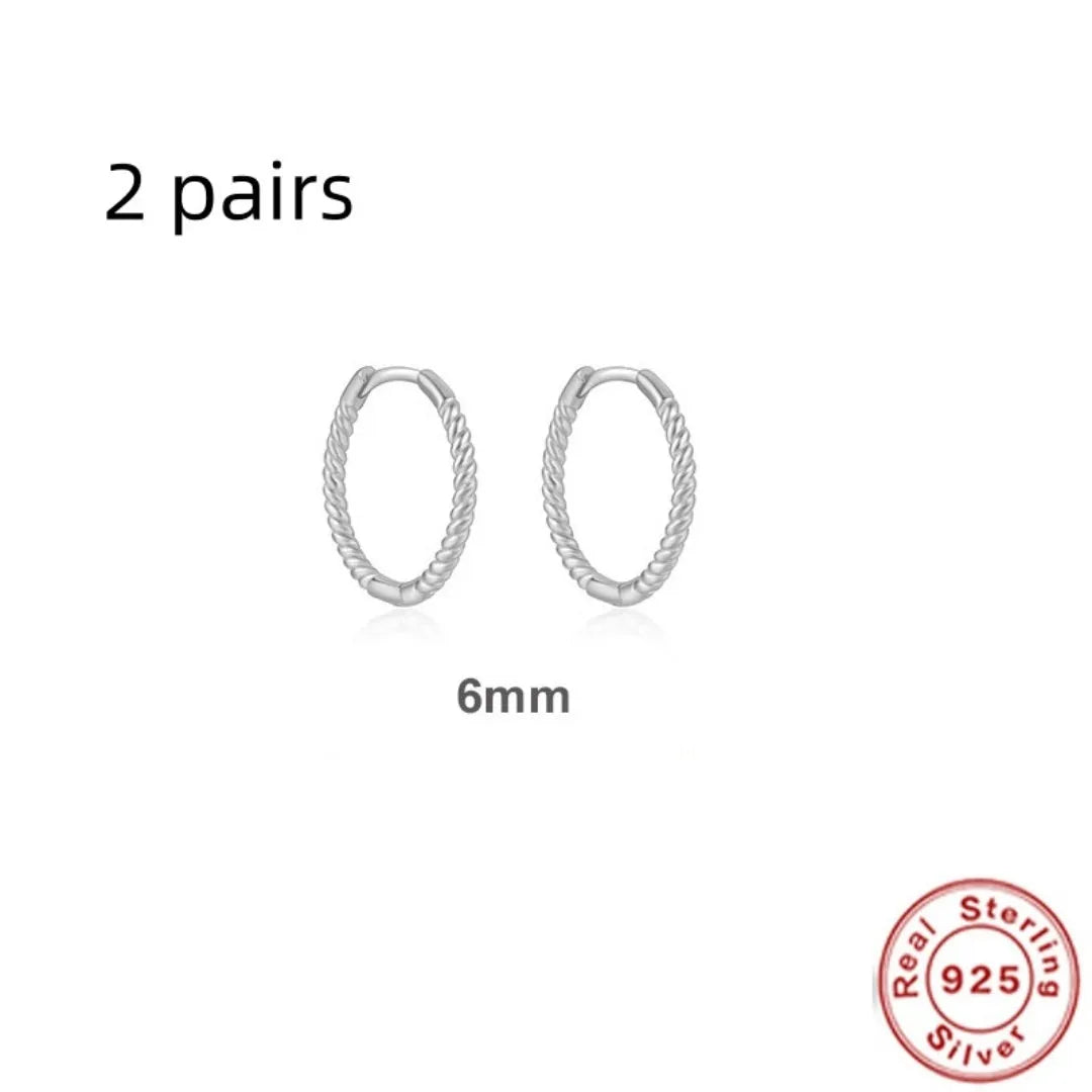 S925 Sterling Silver twisted string round ring earrings in gold or white gold plating, showing geometric design.