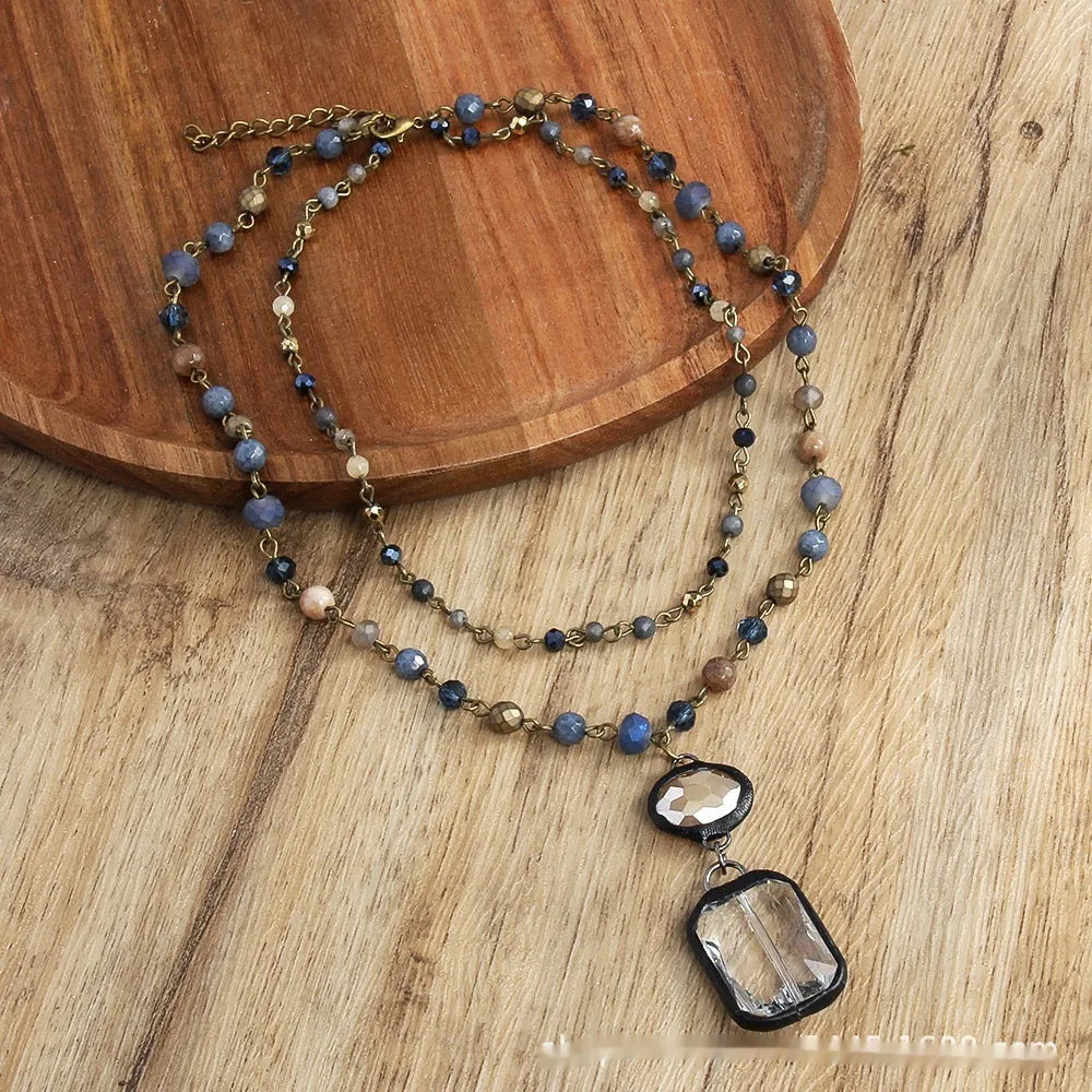 Two-layer tribal necklace with glass pendant and natural stones on adjustable 31-40cm chain