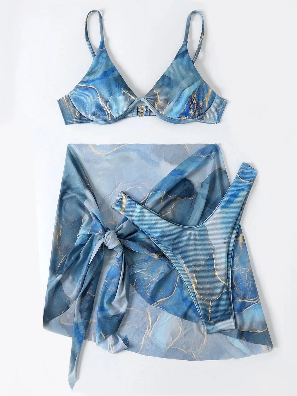 Women's marble print three-piece bikini set with bra, skirt and panties in six colour options