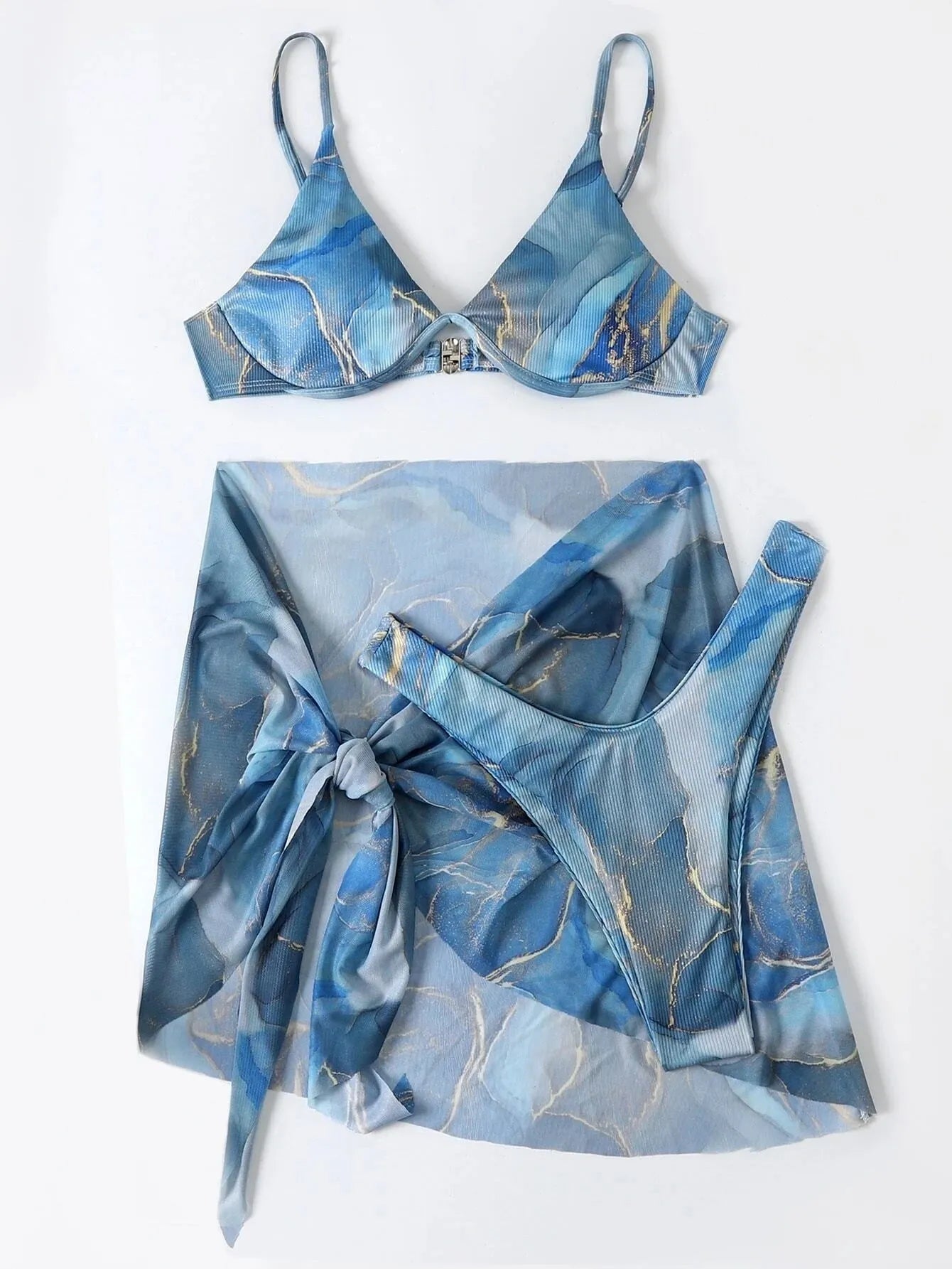 Women's marble print three-piece bikini set with bra, skirt and panties in six colour options