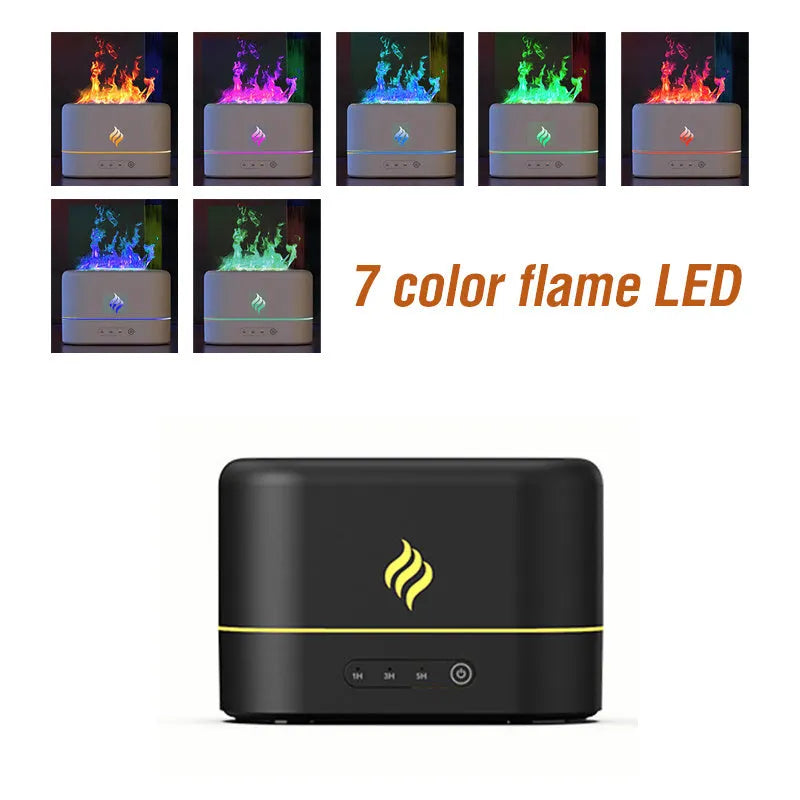 Black aromatherapy humidifier showing seven-colour flame lighting effect and emitting mist from a single outlet.