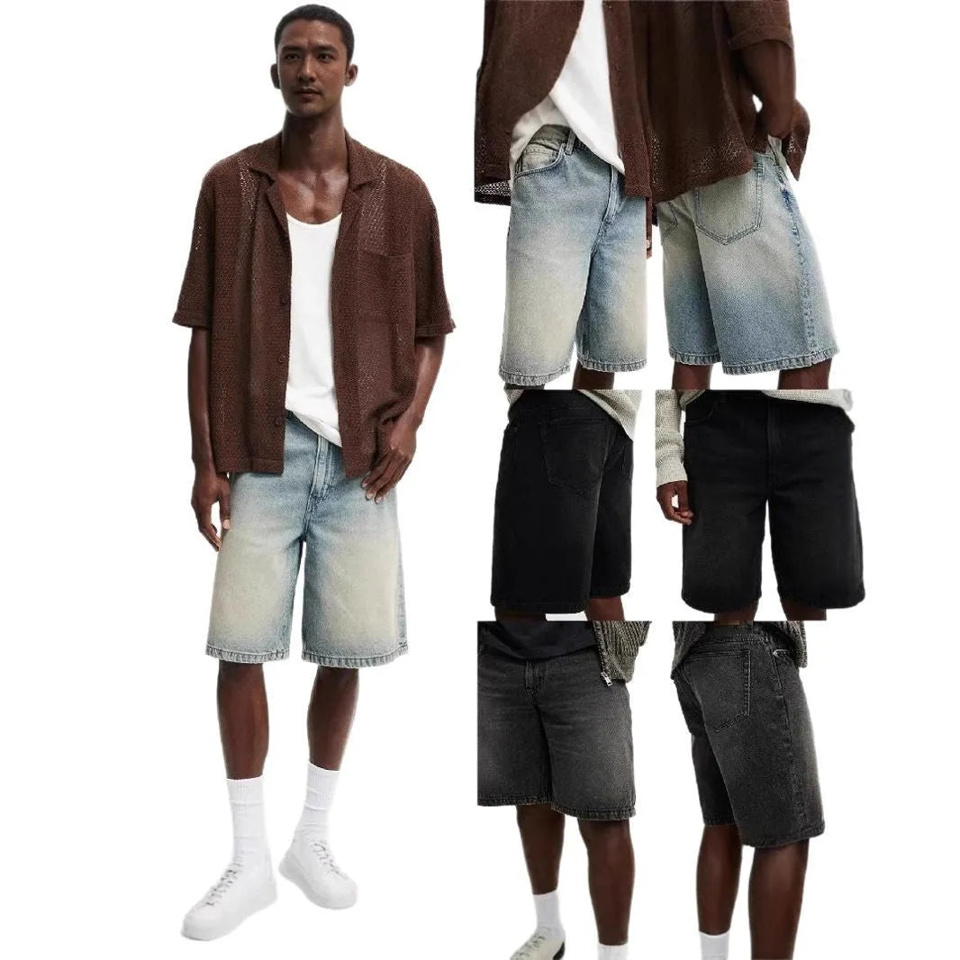 Men's loose straight-leg cotton jeans in light blue, black, or grey colour options.
