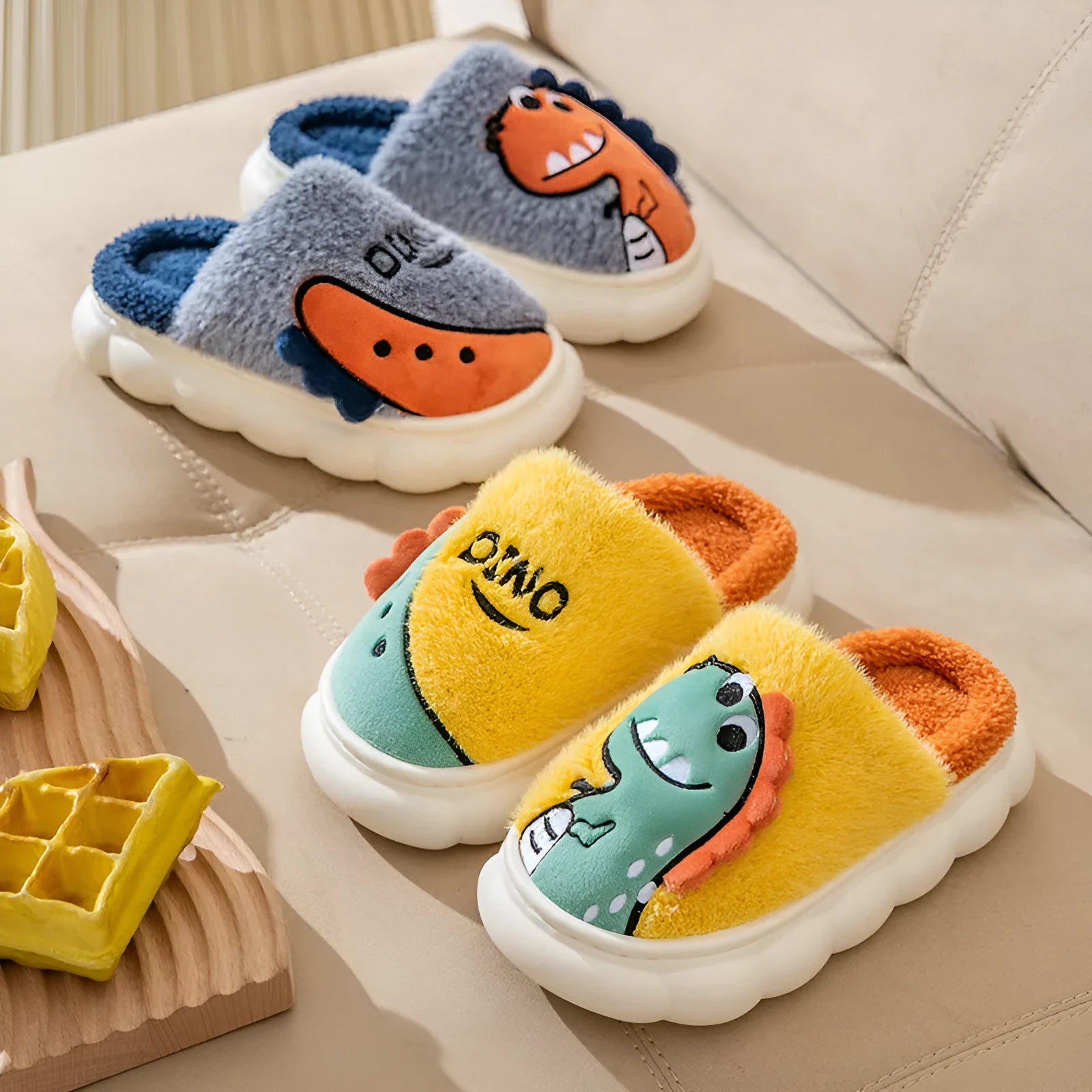 Plush cotton slippers with dinosaur designs and thickened sole for indoor couple use