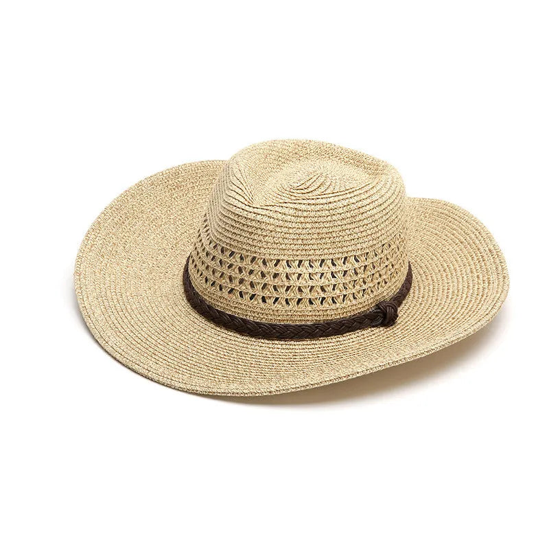 Men's foldable straw sun hat with wide brim in beige colour shown in medium size