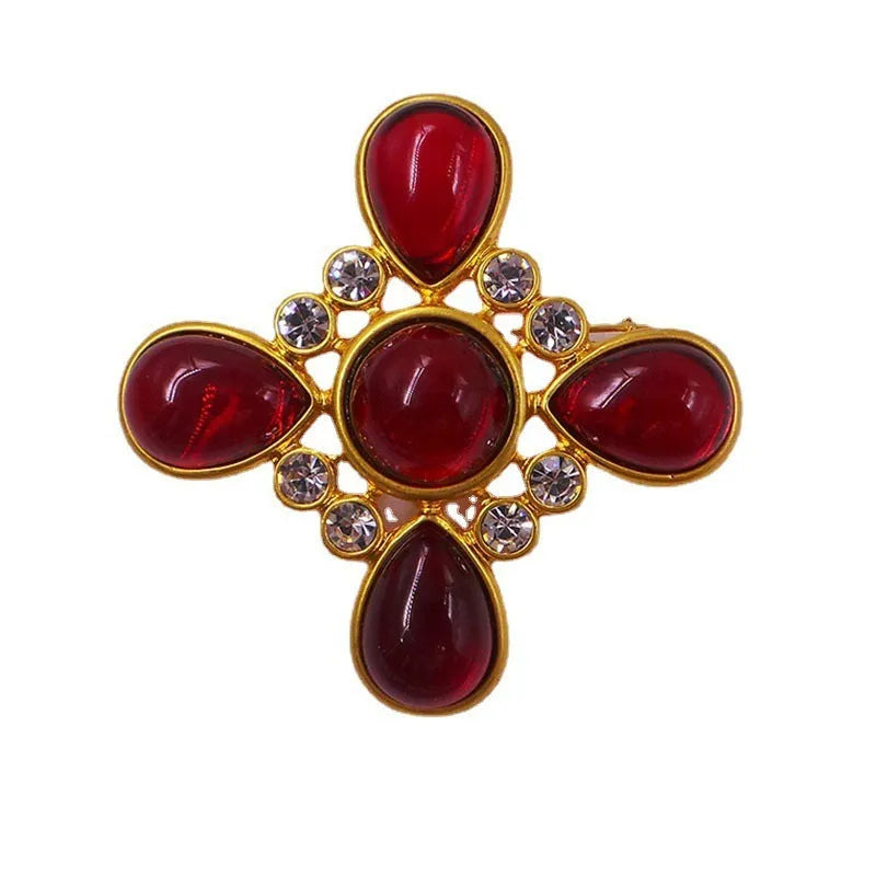 Medieval-style baroque cross brooch with crystal accents on zinc alloy in vintage design