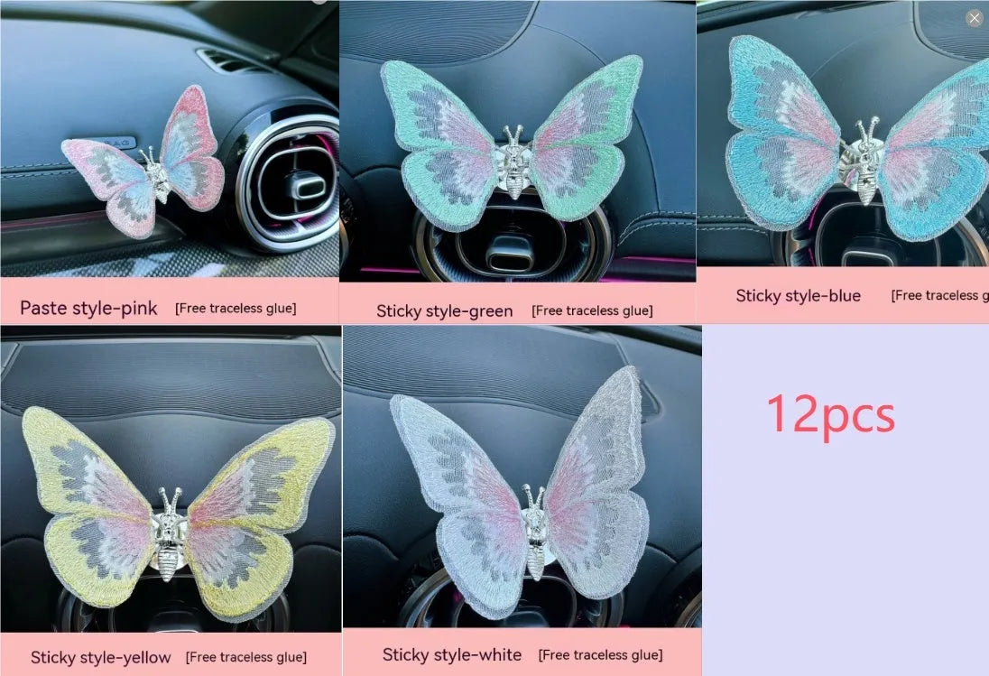 Moving embroidery butterfly decoration on car centre console air vent in pink fabric
