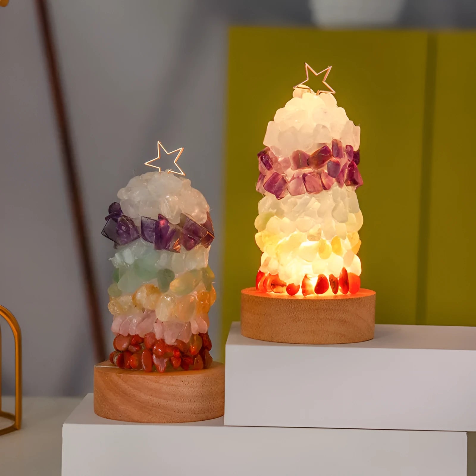 Natural crystal gravel small night lamp with USB cord, showing geometric crystals in cold light setting