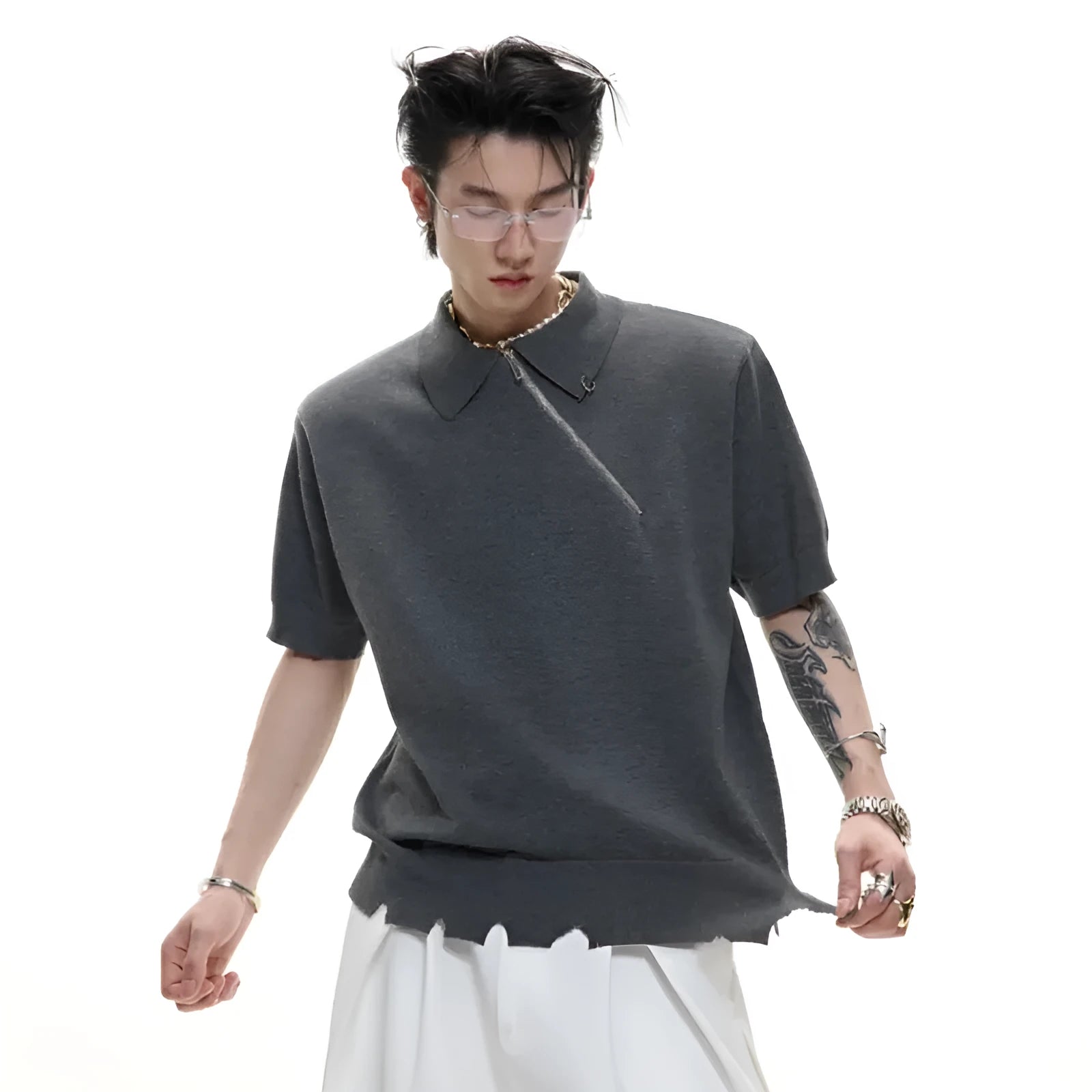 Men's black slim-fit knitted polo shirt with diagonal zipper and lapel collar