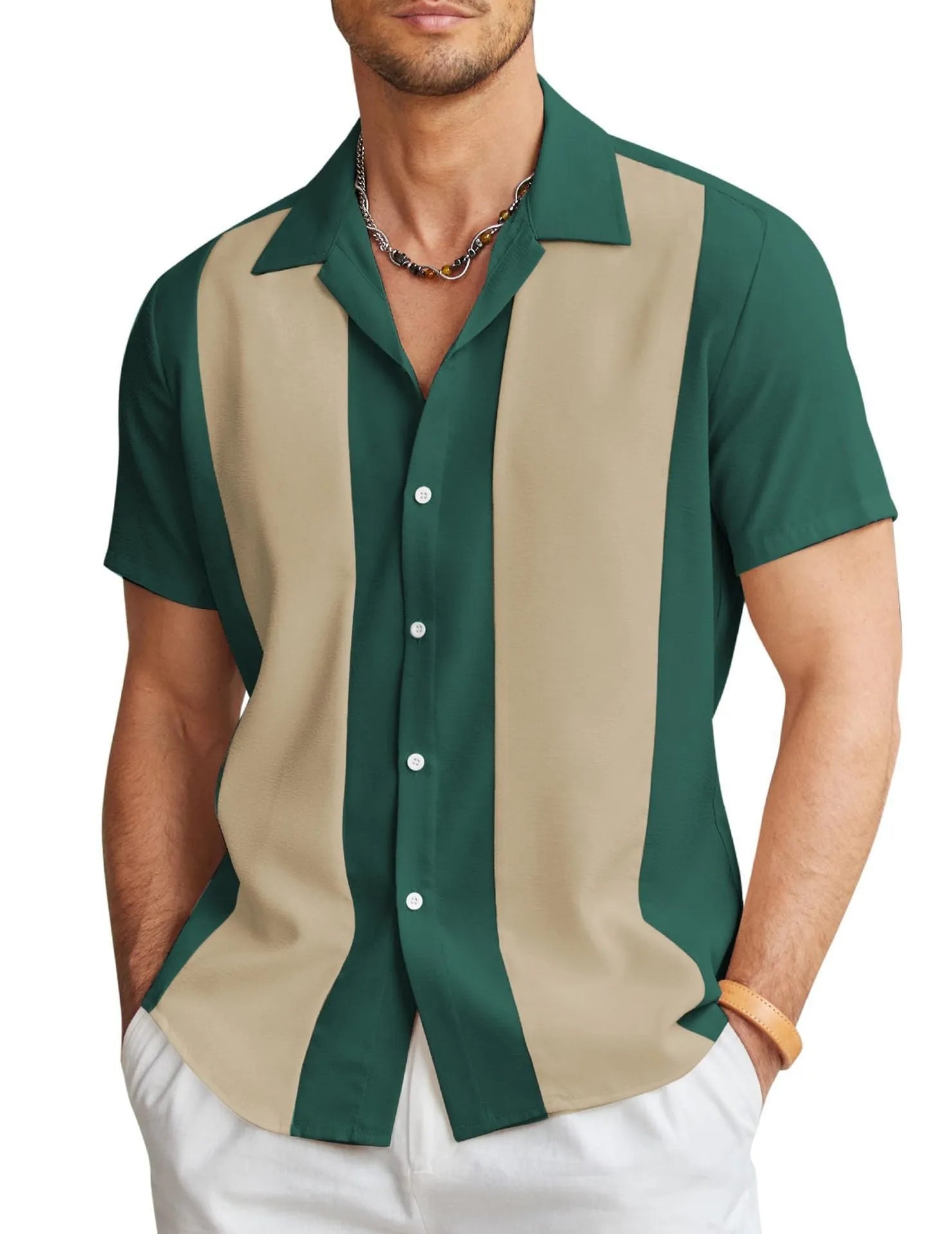 Men's slim fit short sleeve Hawaiian shirt cardigan in elastic polyester fabric