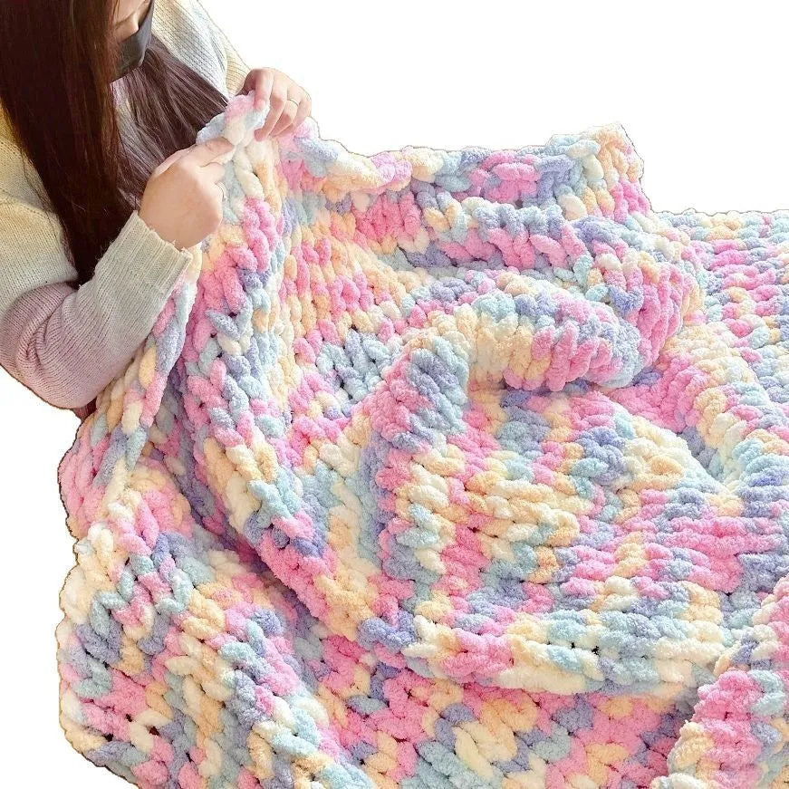 Coarse yarn chenille knitted blanket with braided gravity weighting in modern simplicity styling