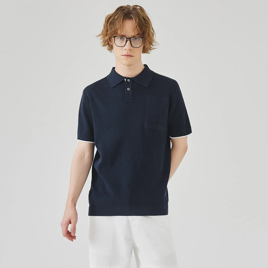 Men's summer business casual sweater with contrast colour lapels, short sleeves, solid colour, polyester fabric