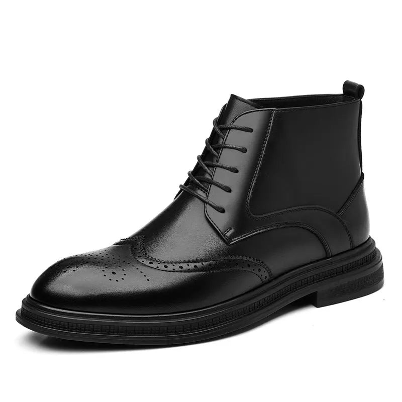 Men's leather Martin boots in black solid colour, side view, on neutral background.